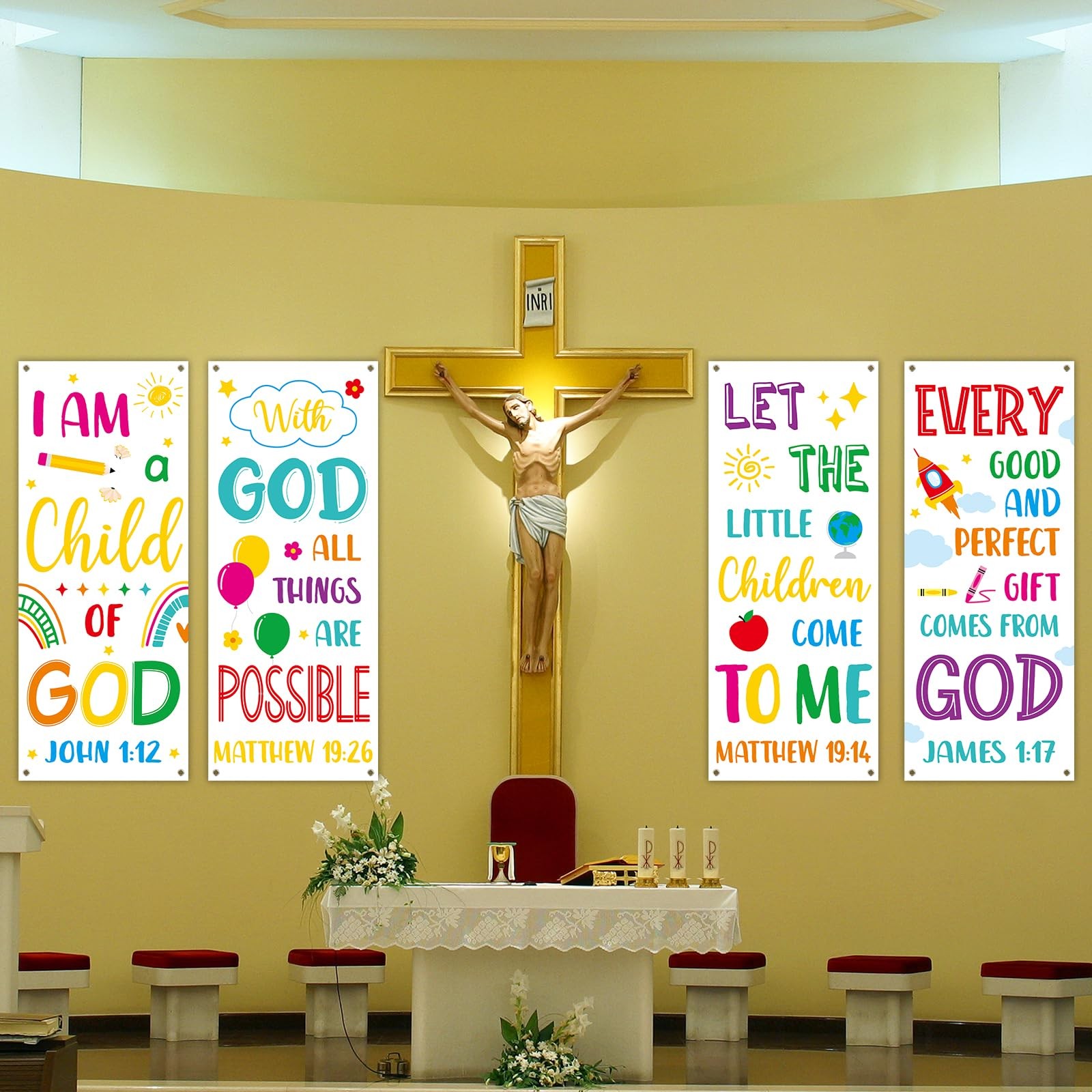 4PCS Church Banners with Scripture Religious Bible Verse Backdrops for Kids C…