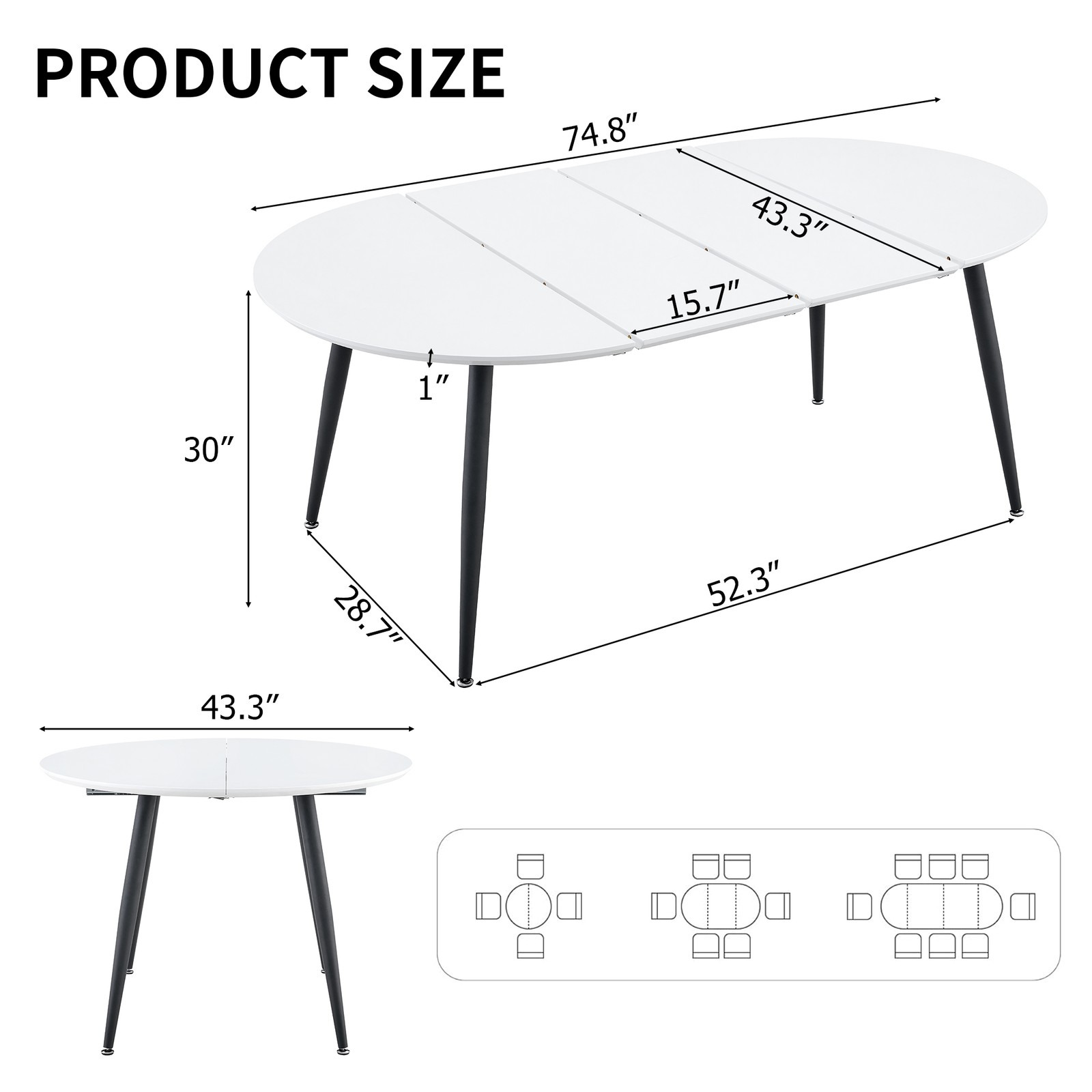 White MDF Extendable Round Dining Table with Black Metal Legs