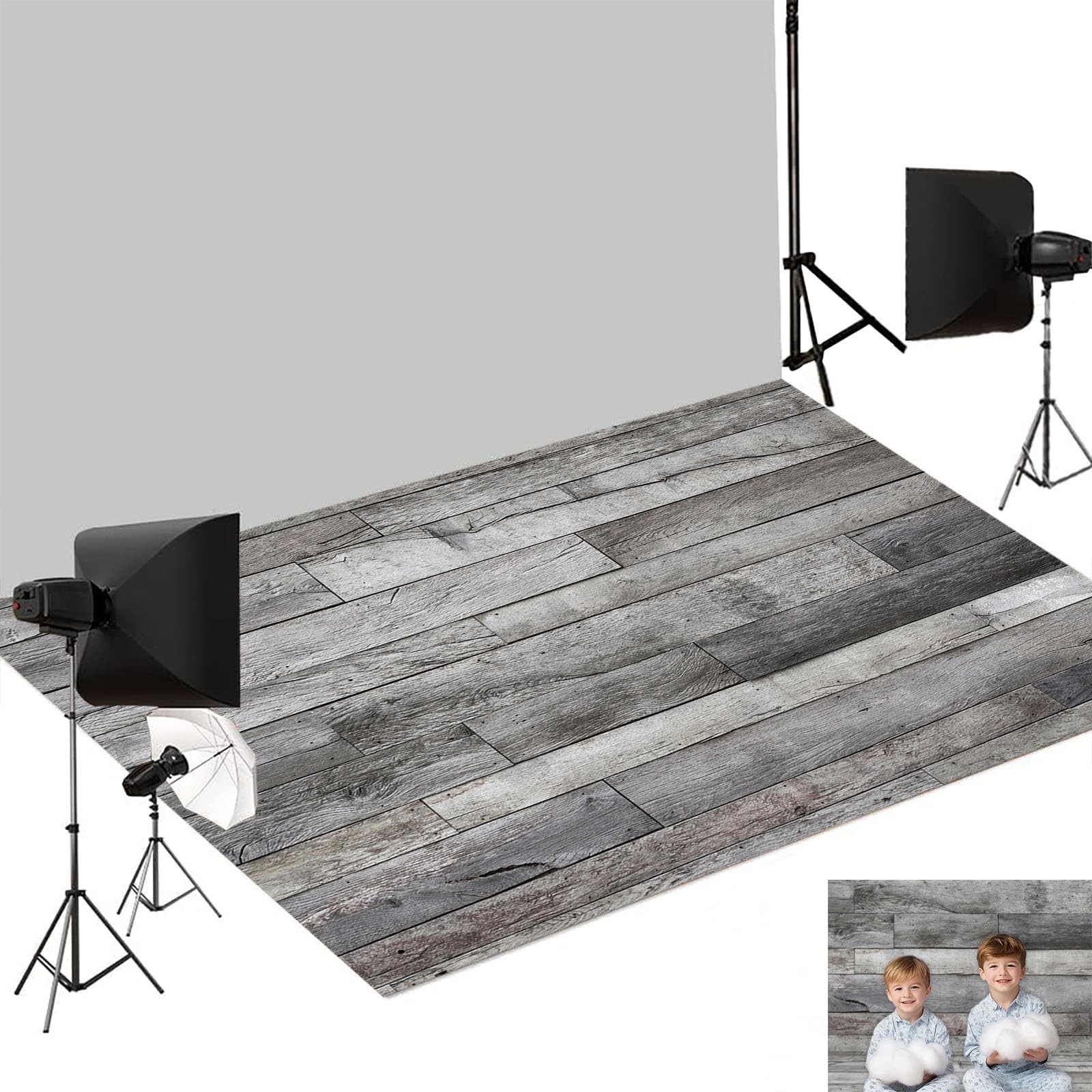Kate Grey Wood Rubber Photography Floor Mat, Non-Slip Retro 8x5ft,