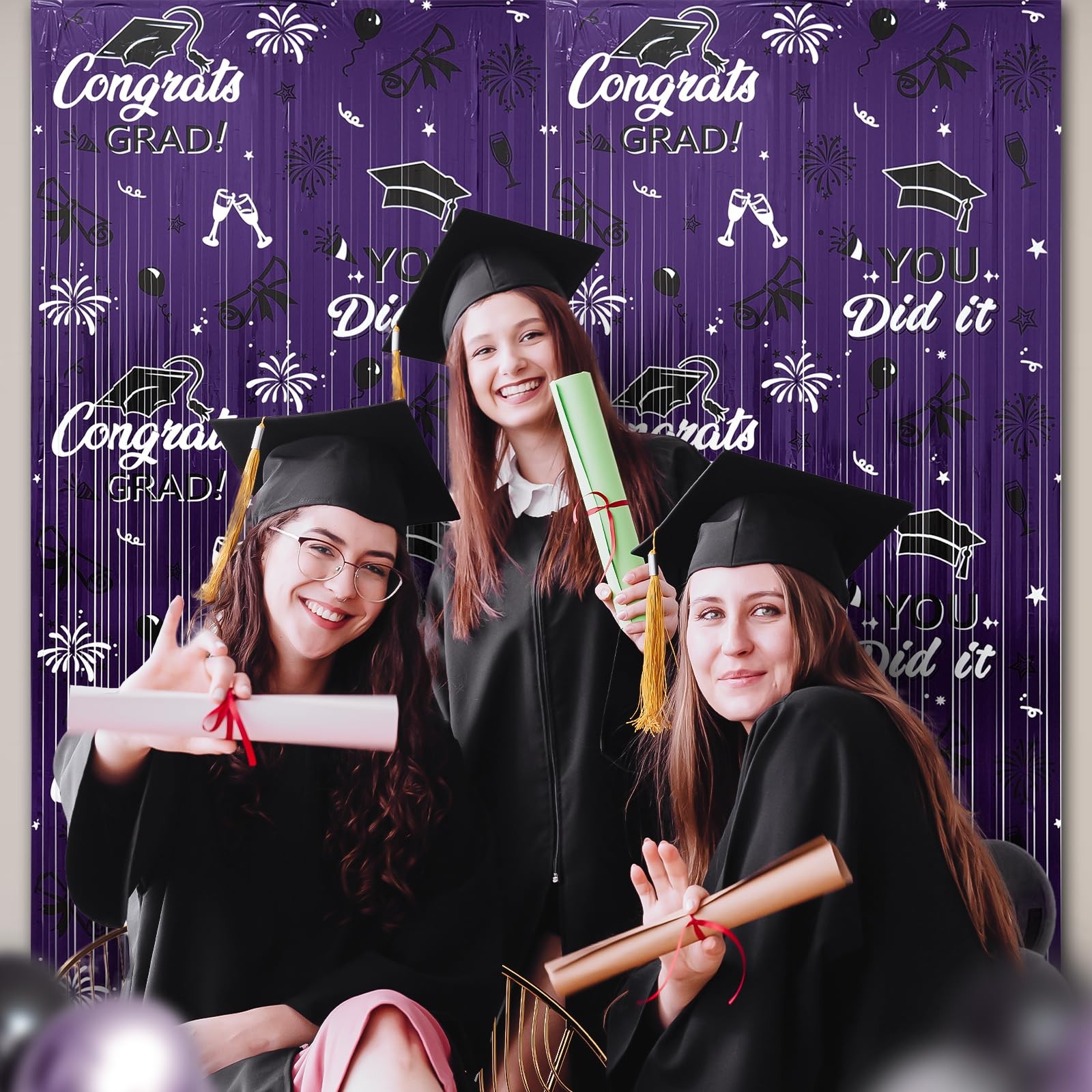2025 Graduation Foil Fringe Curtains, 2 Pack 3.2×6.5 ft Black Graduation Purple