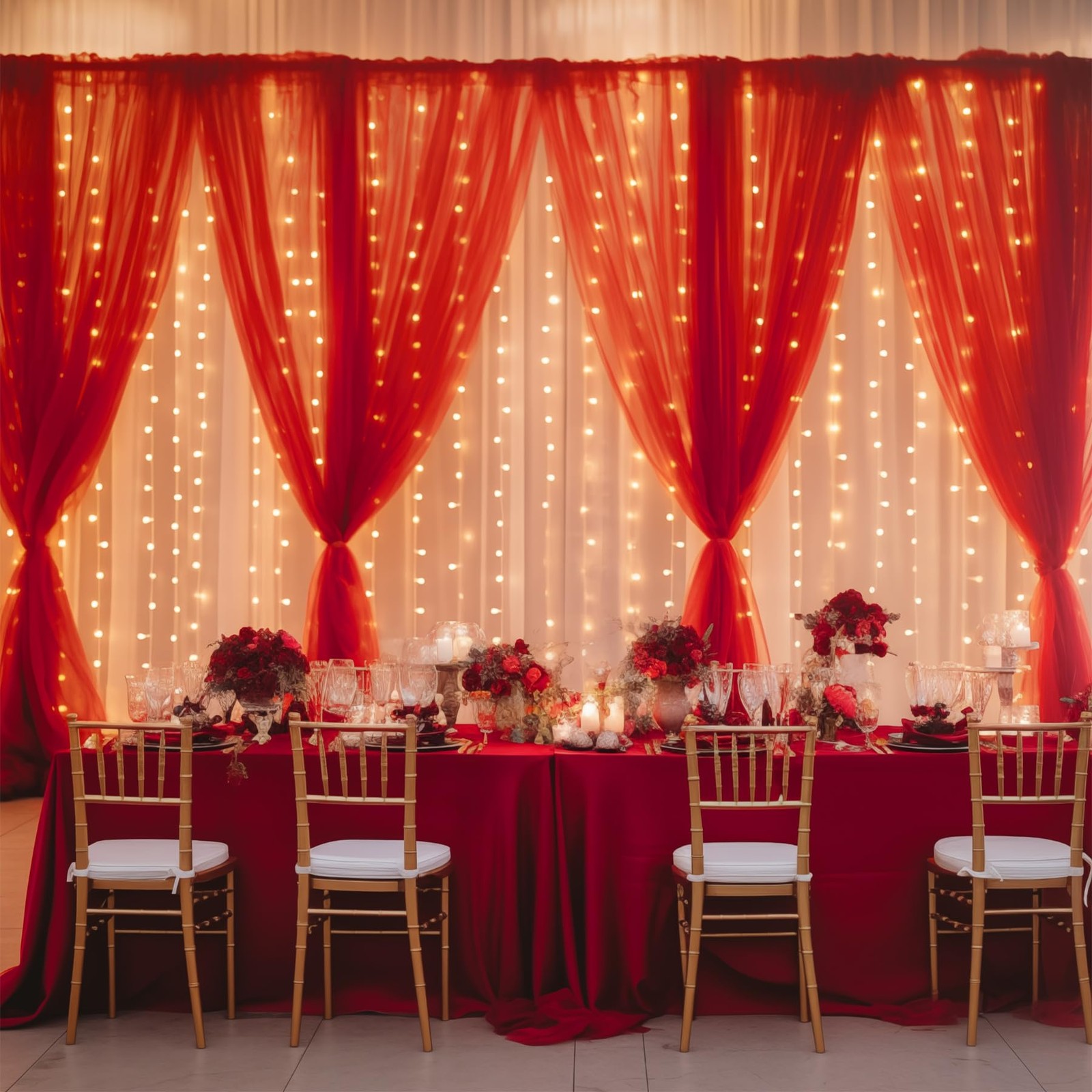 10×10 FT Red Tulle Backdrop Curtain with Lights String Wedding Party