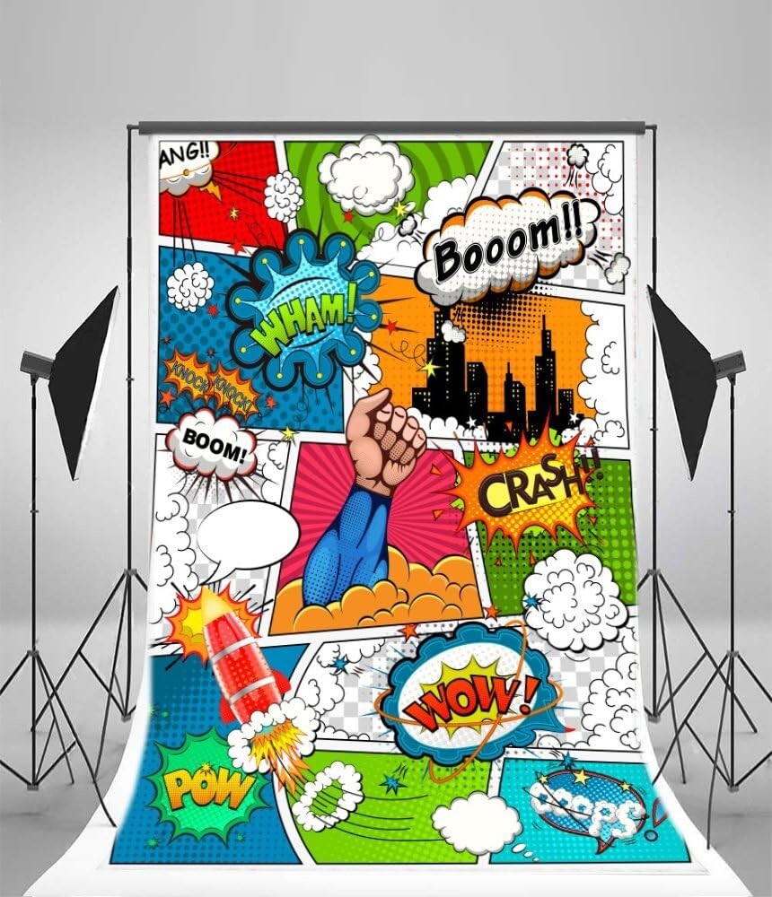 5×7 ft Cartoon Superhero Photography Background Humor Comics Book Villain Boom
