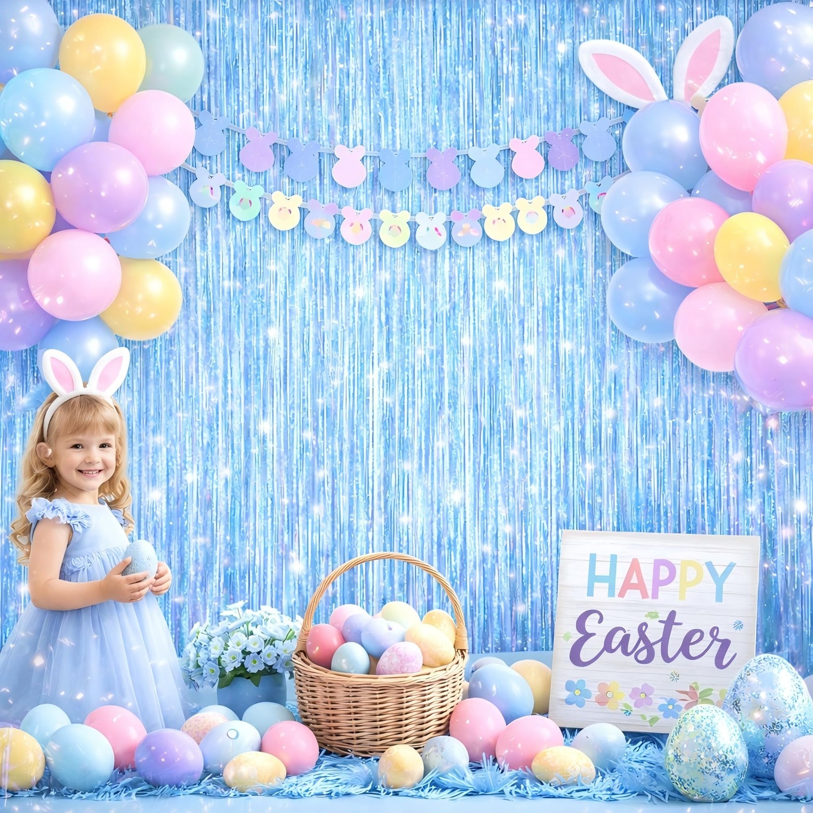 3 Pack 3.2 x 8.2 Ft Foil Fringe Curtain Light Blue Easter Decorations Backdrop