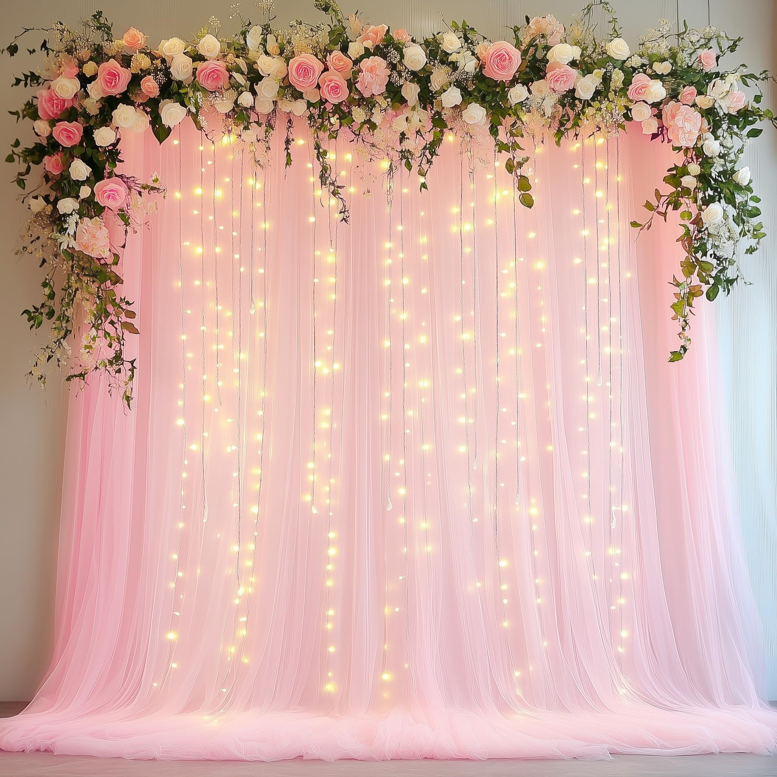 Tulle Backdrop Curtain with Lights String 10FT X 10FT Pink Sheer Tulle Backdr…