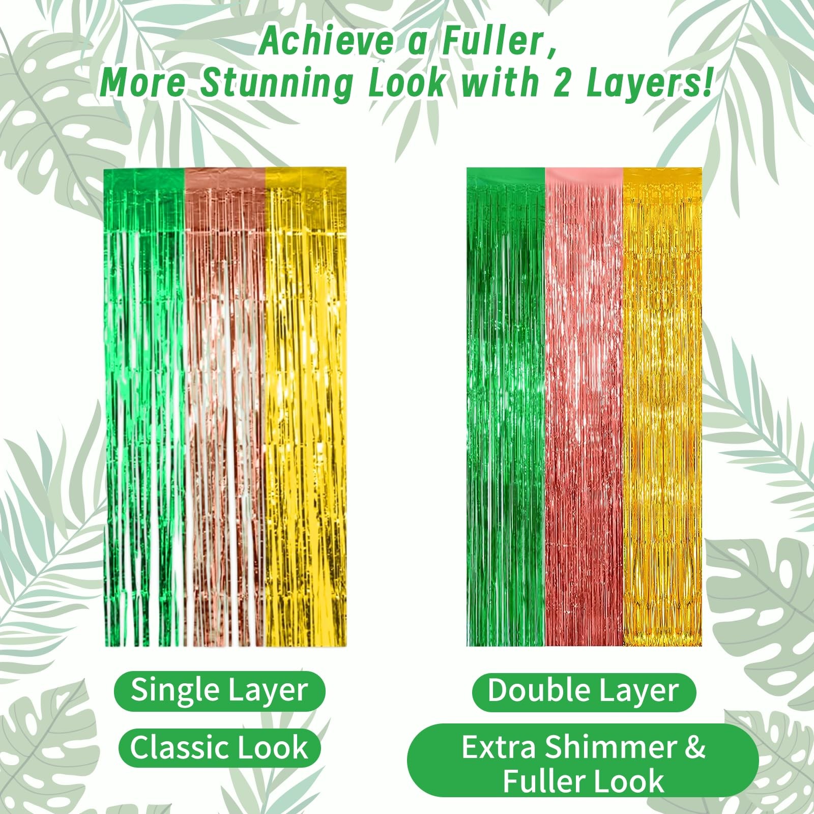 2 Pack 3.2ft x 9.8ft Green Rose Gold Yellow Metallic Foil Fringe Curtain