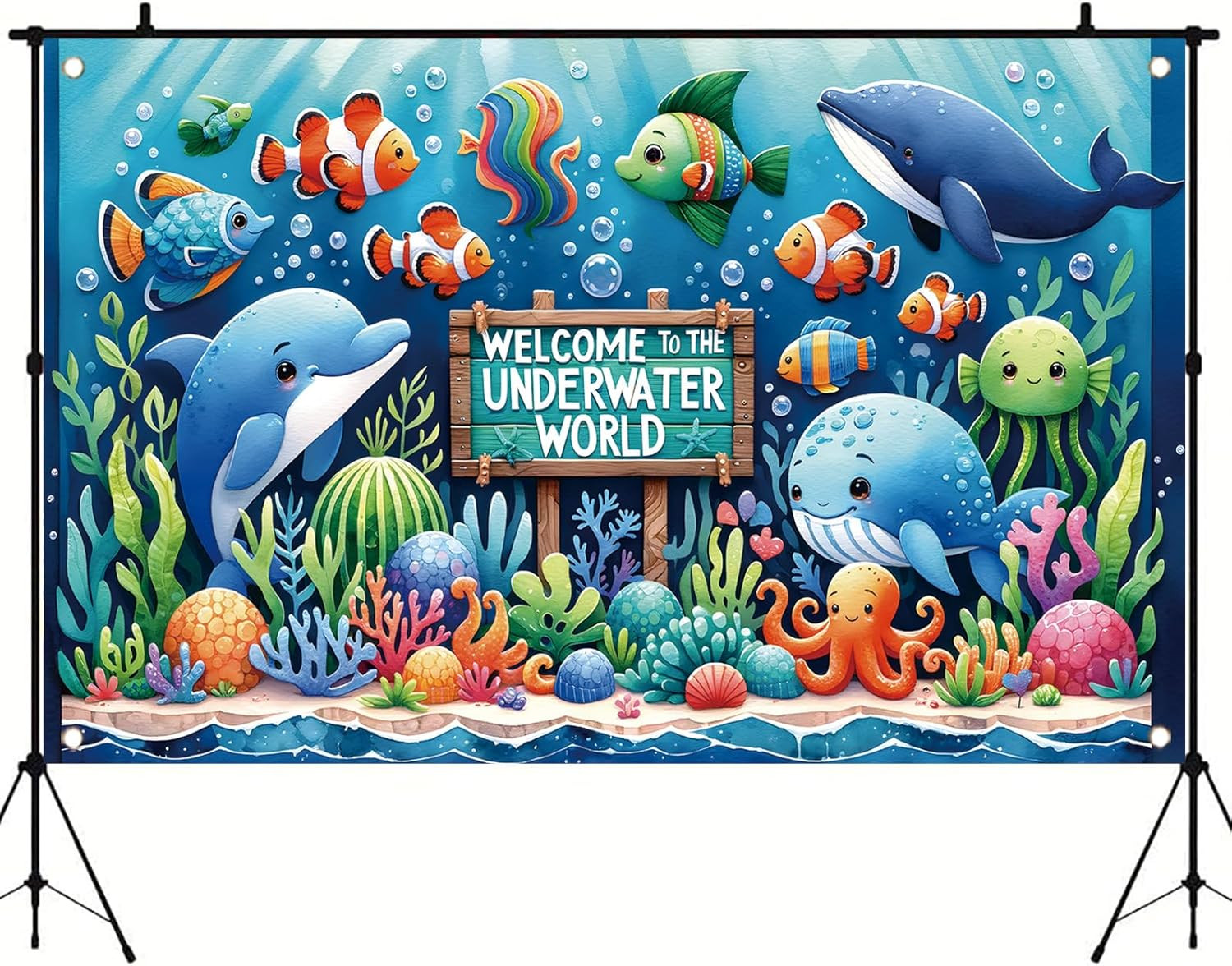 Underwater World Backdrop Banner Ocean Party Decoration Cute Sea Animal Banner f