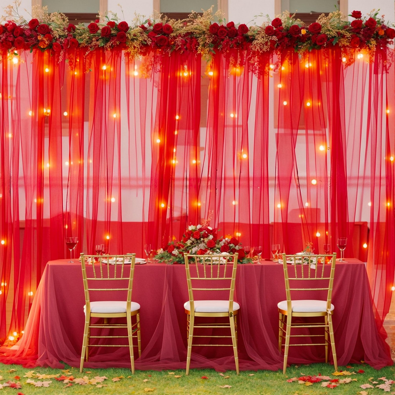 10×10 FT Red Tulle Backdrop Curtain with Lights String Wedding Party