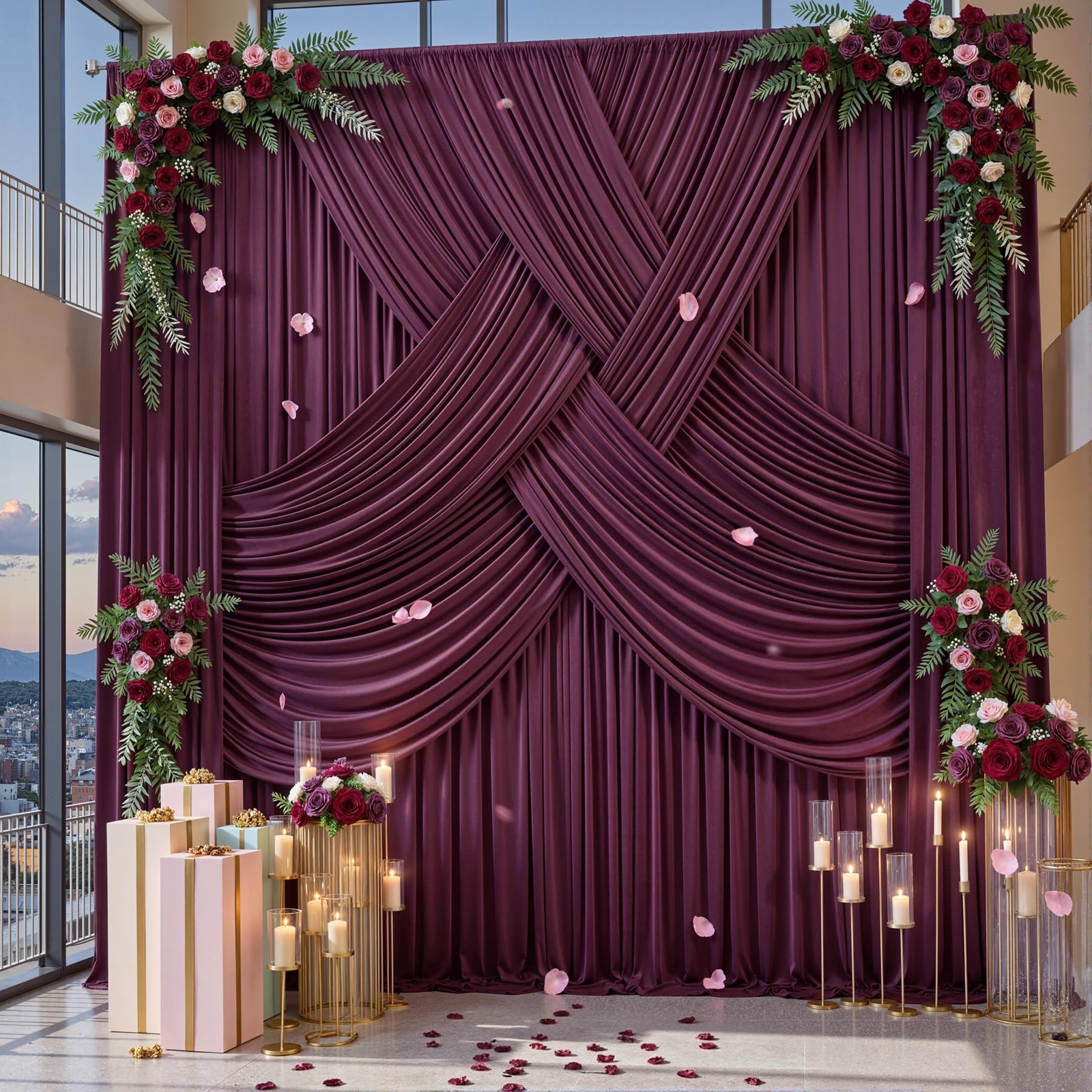 50ft x 14ft Burgundy Backdrop Curtains, 5′(W) x 14′(H), 10 panels,