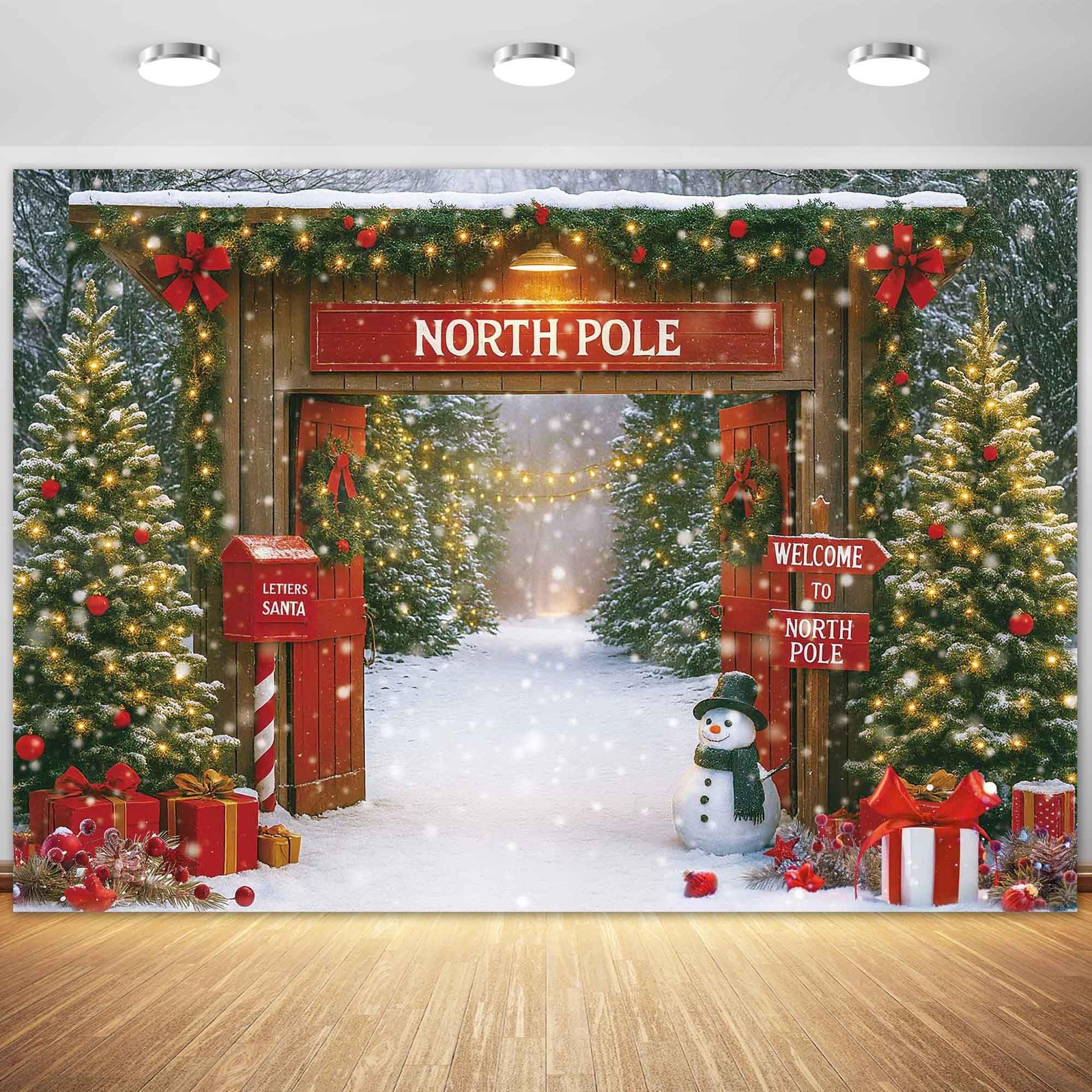 7x5ft Christmas Backdrop, Rustic Snowy Forest, Barn Door, Xmas Tree, Fabric Prop