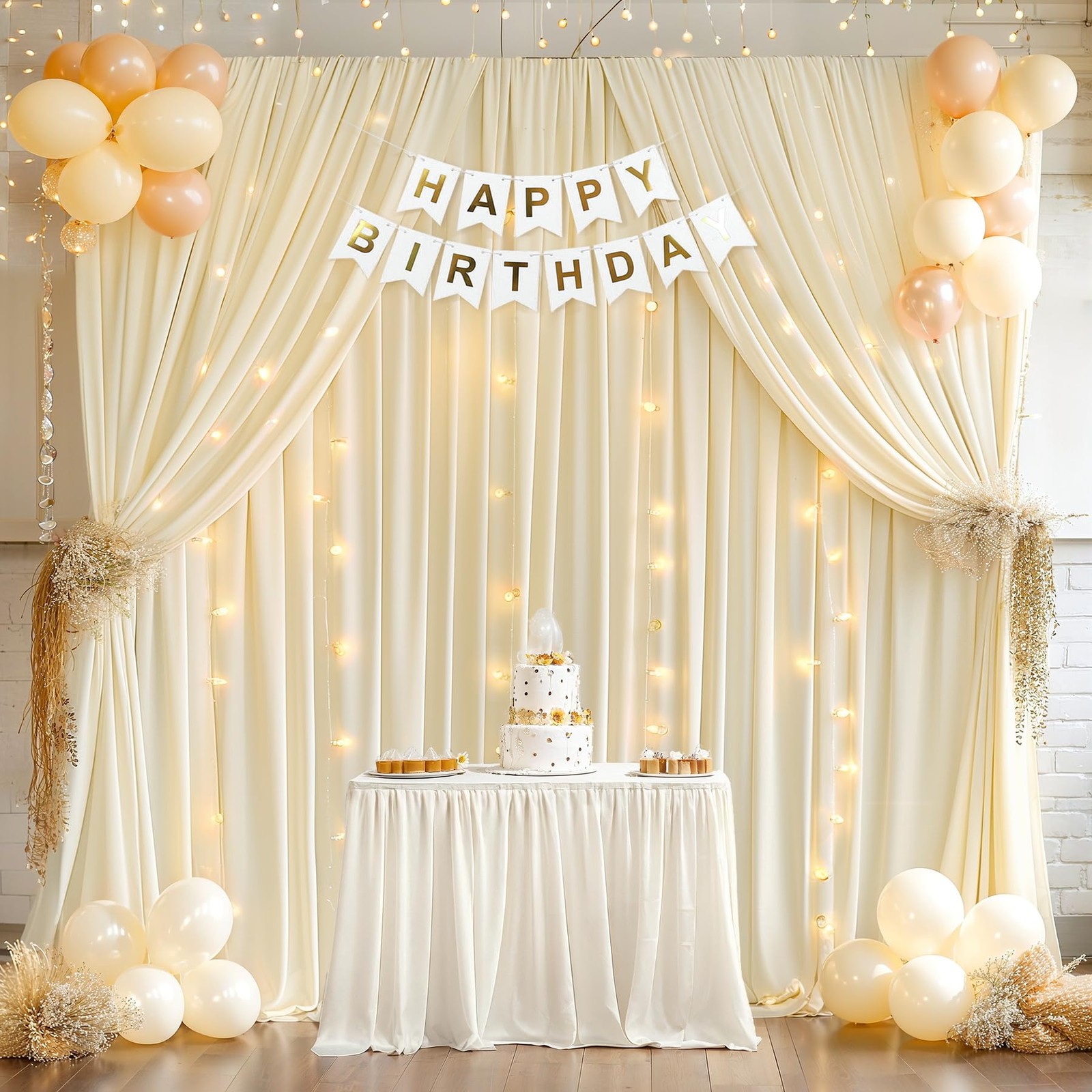 2 Panels Ivory Backdrop Curtains, 10x10ft, String Lights, Wrinkle Free Drapes