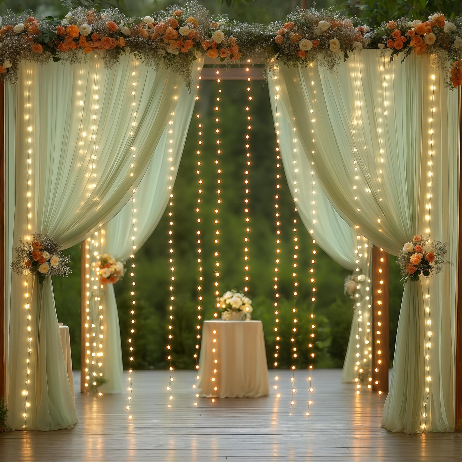 10×10 Ft Green Wrinkle Free Backdrop Curtain With Light String Wedding Party