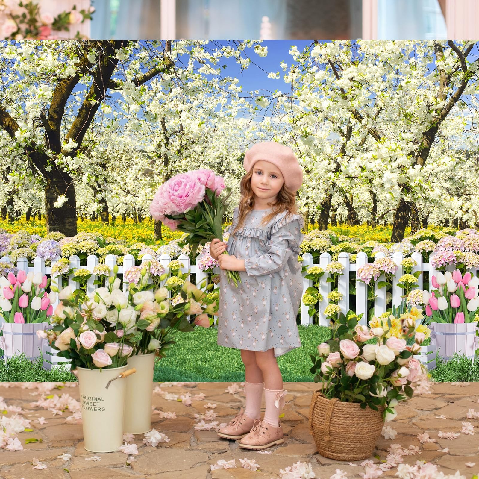 Spring Backdrop Banner 7x5Ft White Yellow Flower Floral 7x5Ft, white