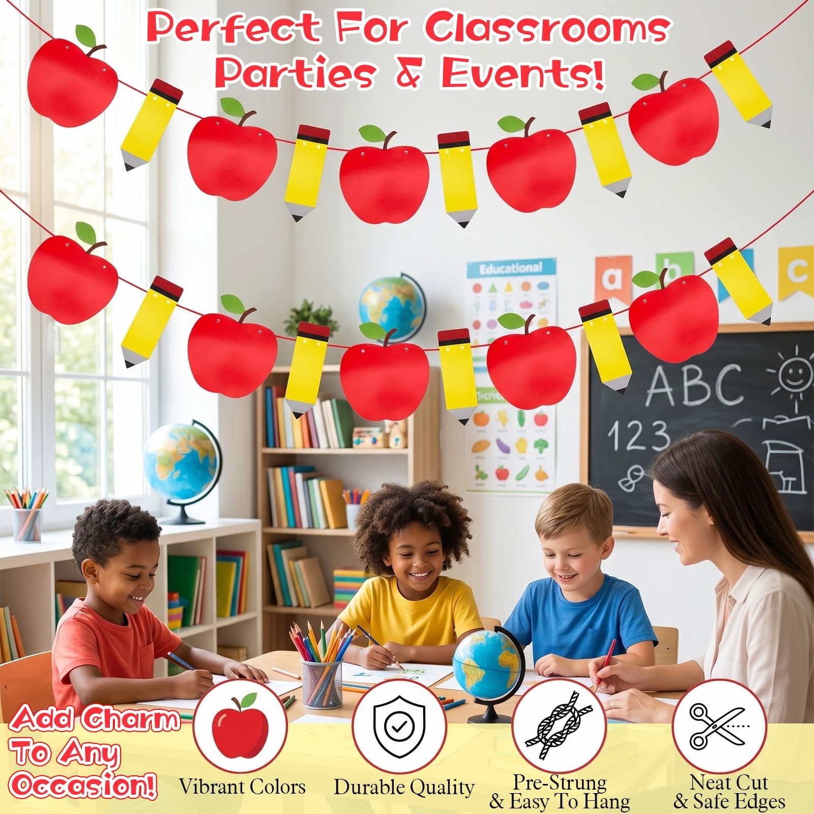 2pcs Back to School Decorations Pencil Apple Garland Banner Hanging Decor for…