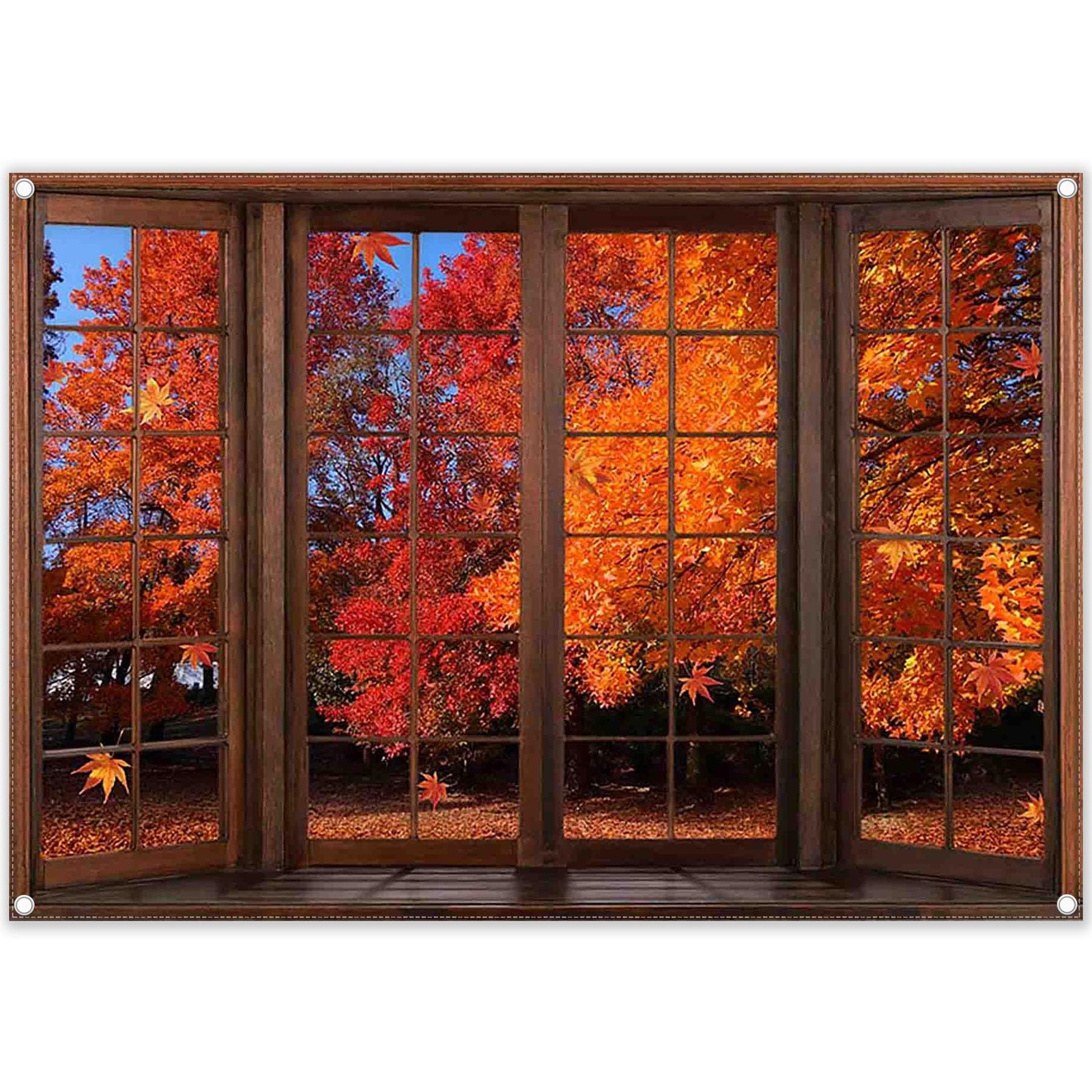 7x5ft Fabric Fall Window Backdrop Autumn Landscape Maple Leaves Forest Scener…