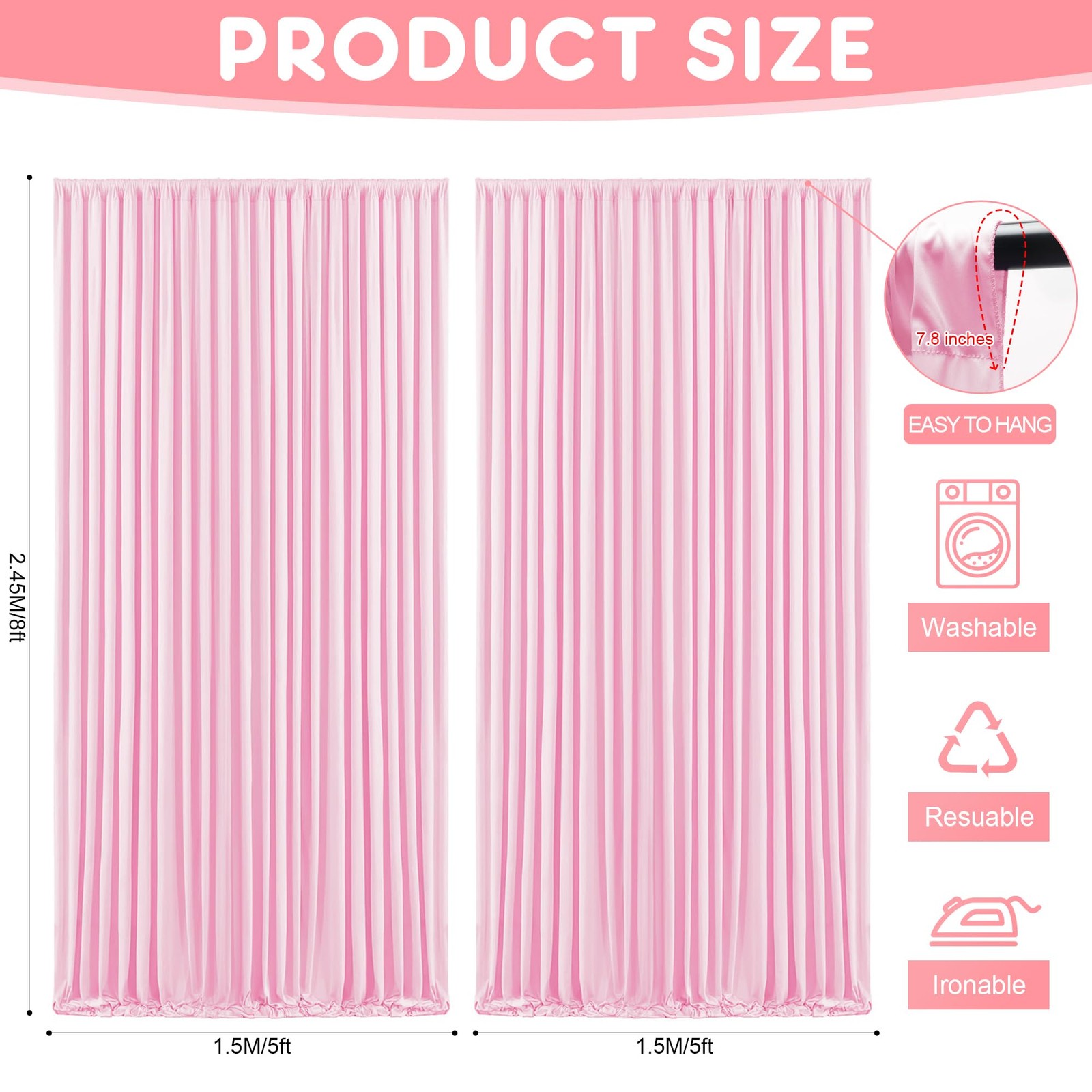2 Panels 10×8 Ft Pink Backdrop Curtains Polyester Fabric Drapes With Rod Pocket