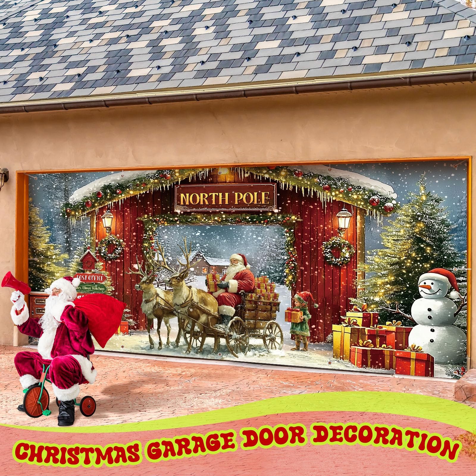 6 x 13 ft Christmas Garage Door Banner Cover North Pole Snowy Xmas Tree Photo…