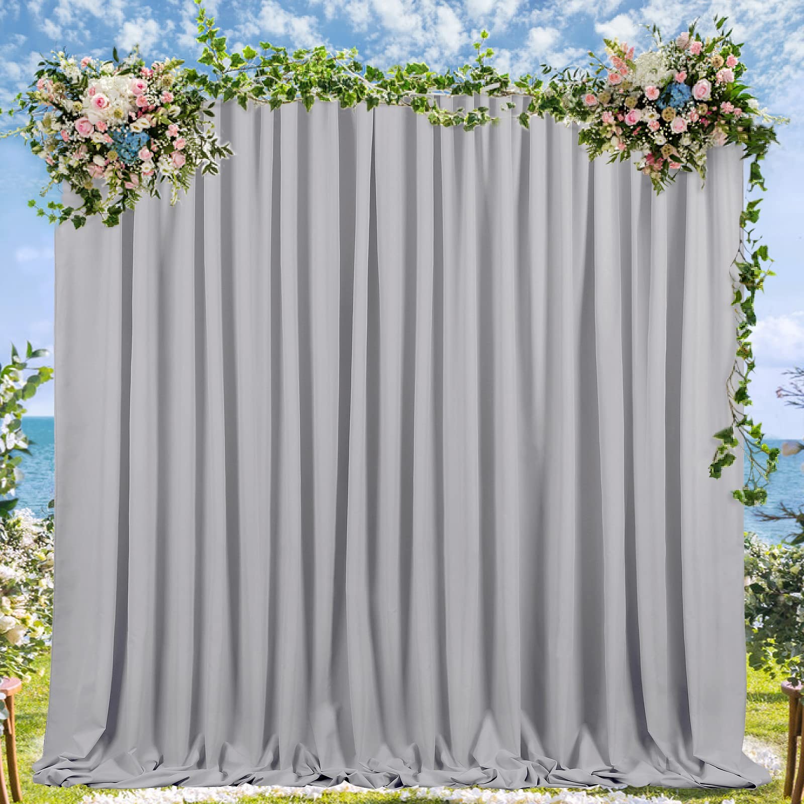 2 Panels 5×10 Ft Grey Polyester Wedding Backdrop Curtain Party Photo Drape