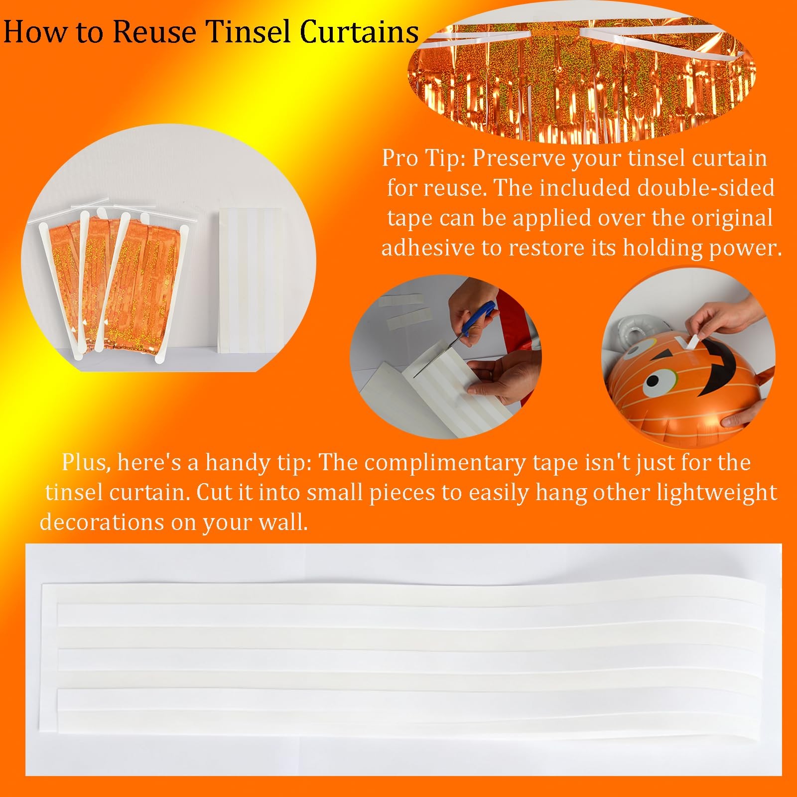 Orange Thicker Metallic Tinsel Foil Fringe Curtains Backdrop Streamers 3 Pack