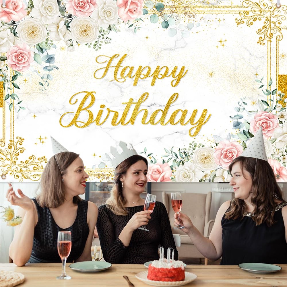 6×3.6ft Happy Birthday Backdrop for Girl Women Photography Background Flower Whi