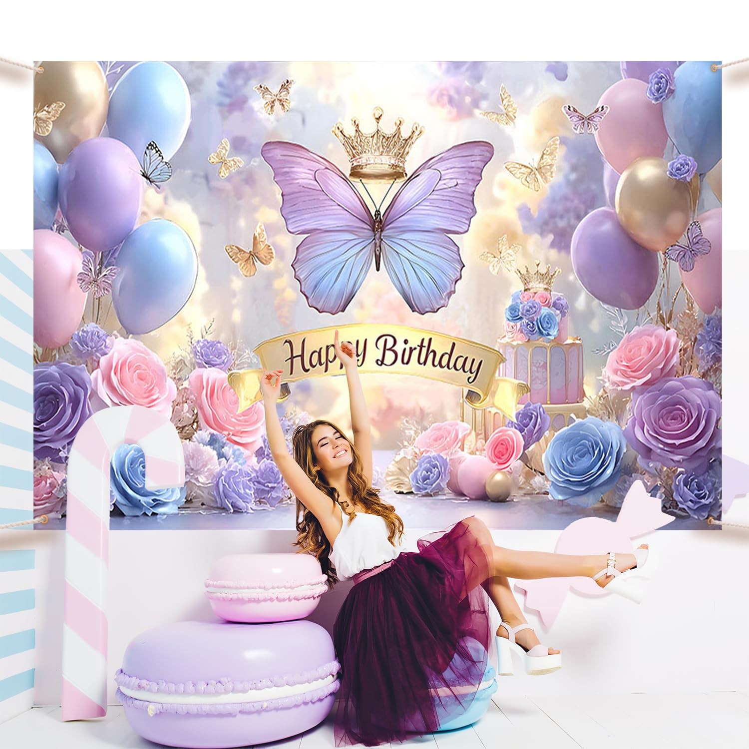 Butterfly Birthday Decorations Backdrop for Women Purple Happy Birthday Banner..
