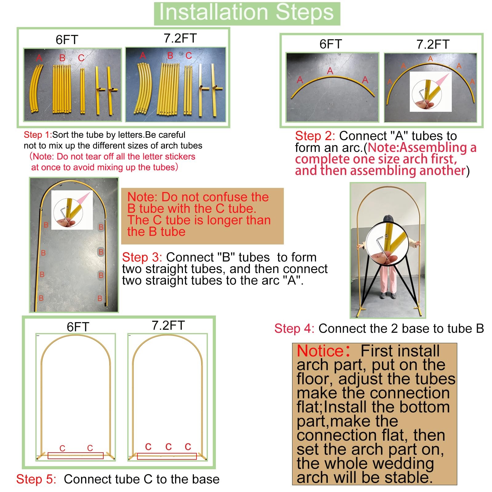 Metal Arch Backdrop Stand 7.2FT+6FT Wedding Arch Backdrop Stand Set of 2 Gold…