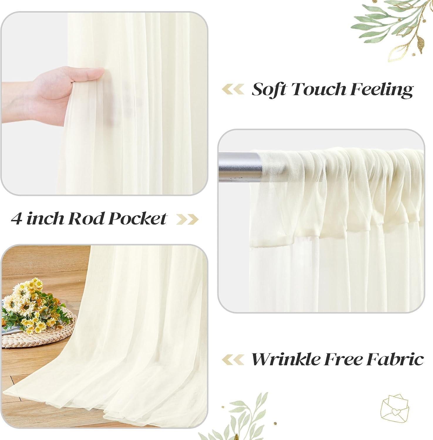 10ft x 10ft Ivory Backdrop Curtain with Lights String for Parties Sheer Tulle