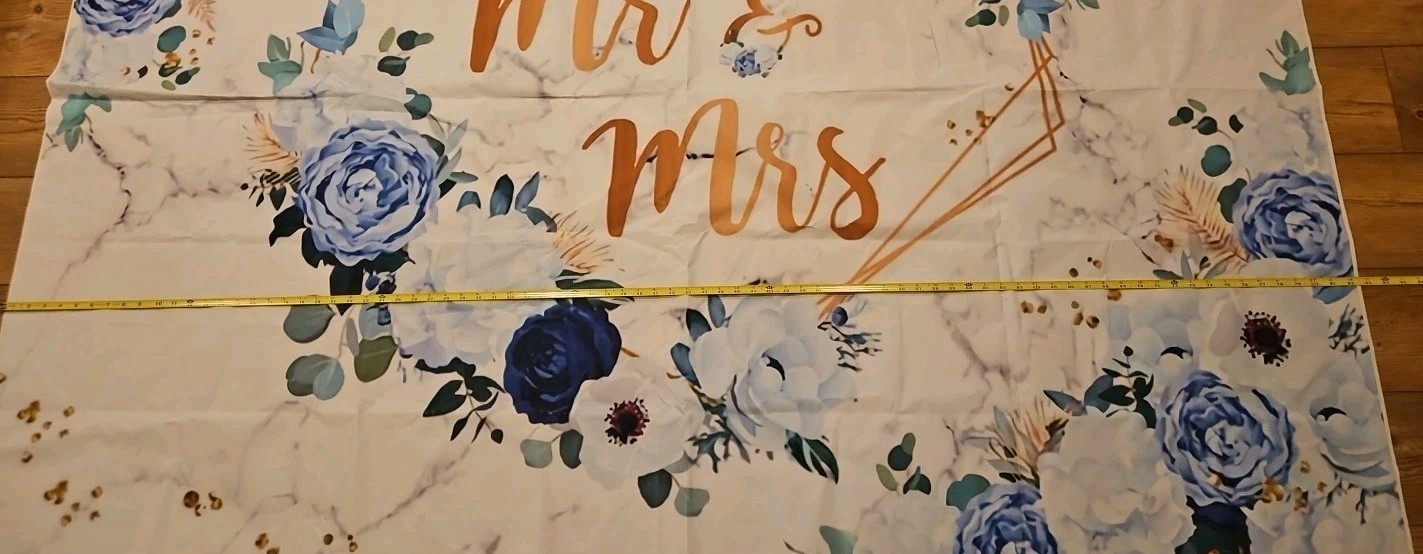 7x5ft Mr and Mrs Floral Backdrop for Wedding/Shower Blue and White Flowers Photo