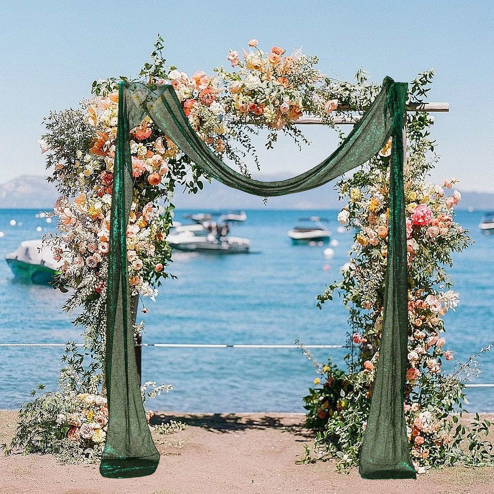 Wedding Arch Draping Fabric 1 Panel 12 Inch x 20ft Gold Sequin Dark Green