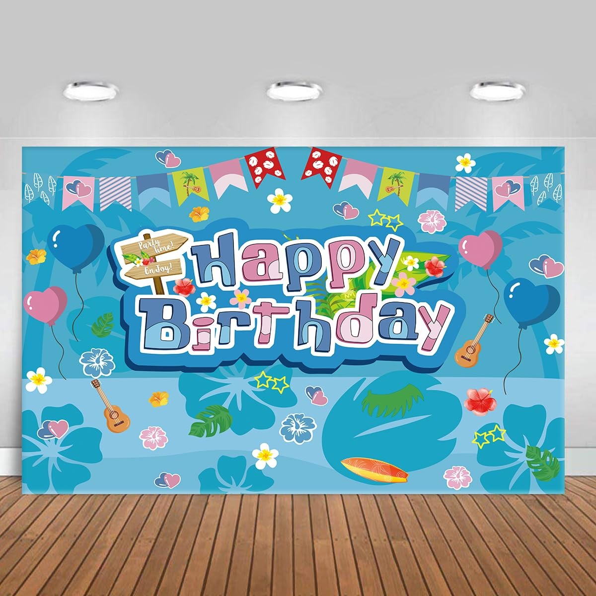 Blue and Pink Cartoon Birthday Party Backdrop, Hawaii Theme with Tropical Flo…