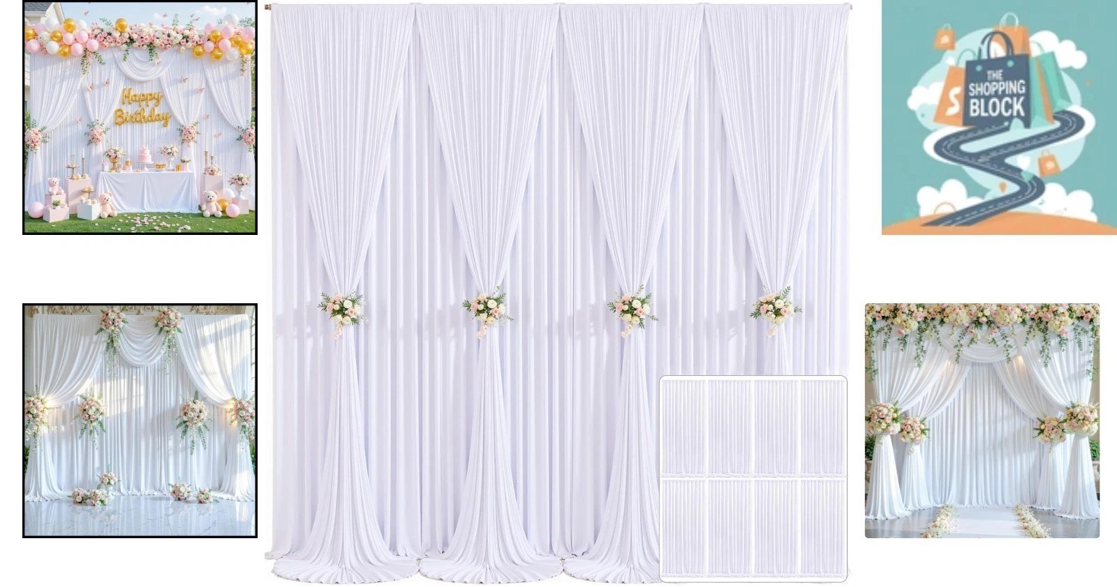 8-Pack White Wrinkle-Free Backdrop Curtains 40ft x 10ft for Parties & Events