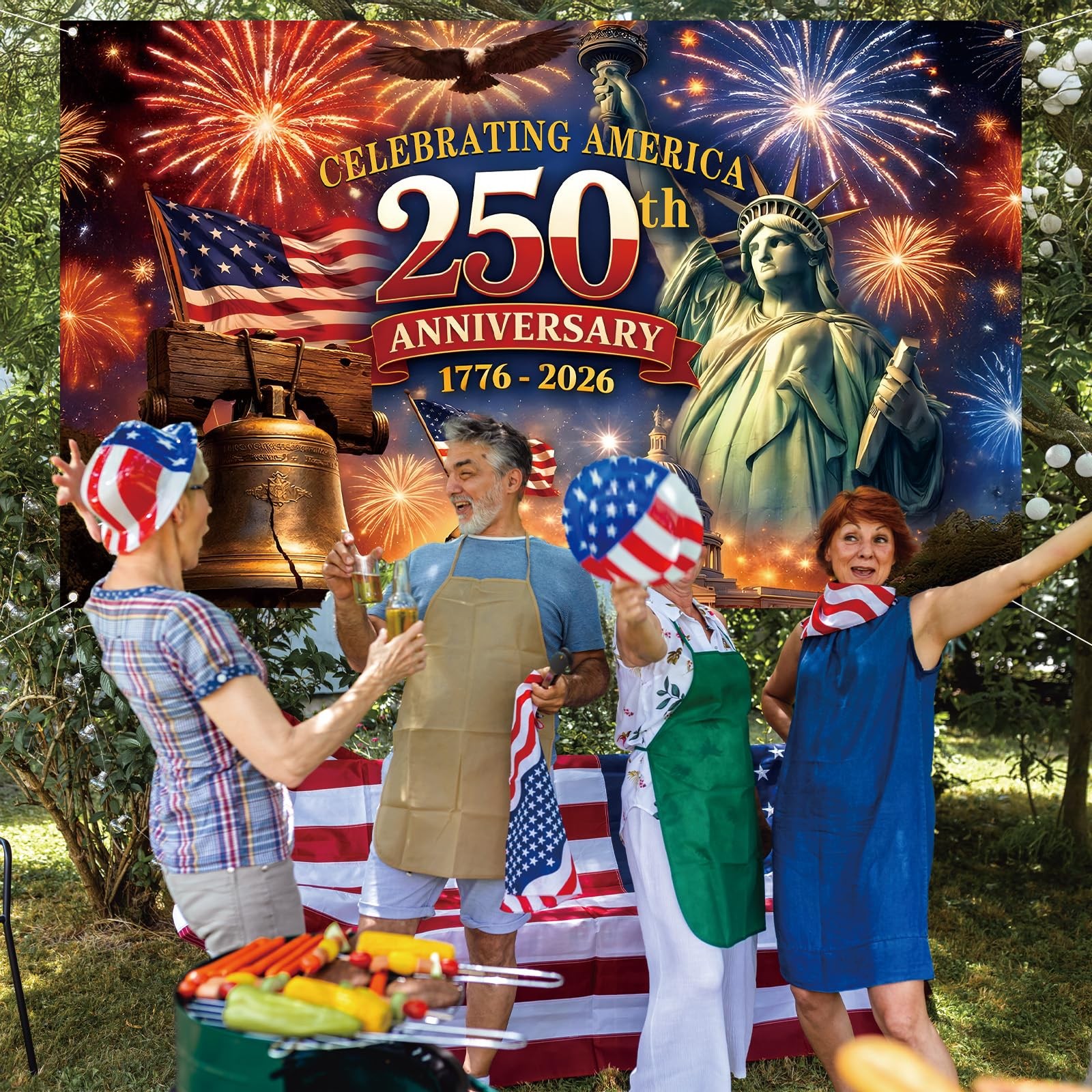 Red White and Blue American 250th Backdrop 71 inches x 43 inches, multicolor