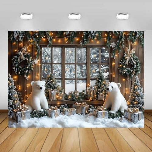 Snowy Xmas Backdrop Window – Snowy Pine Trees – Forest View – 7x5ft Bear
