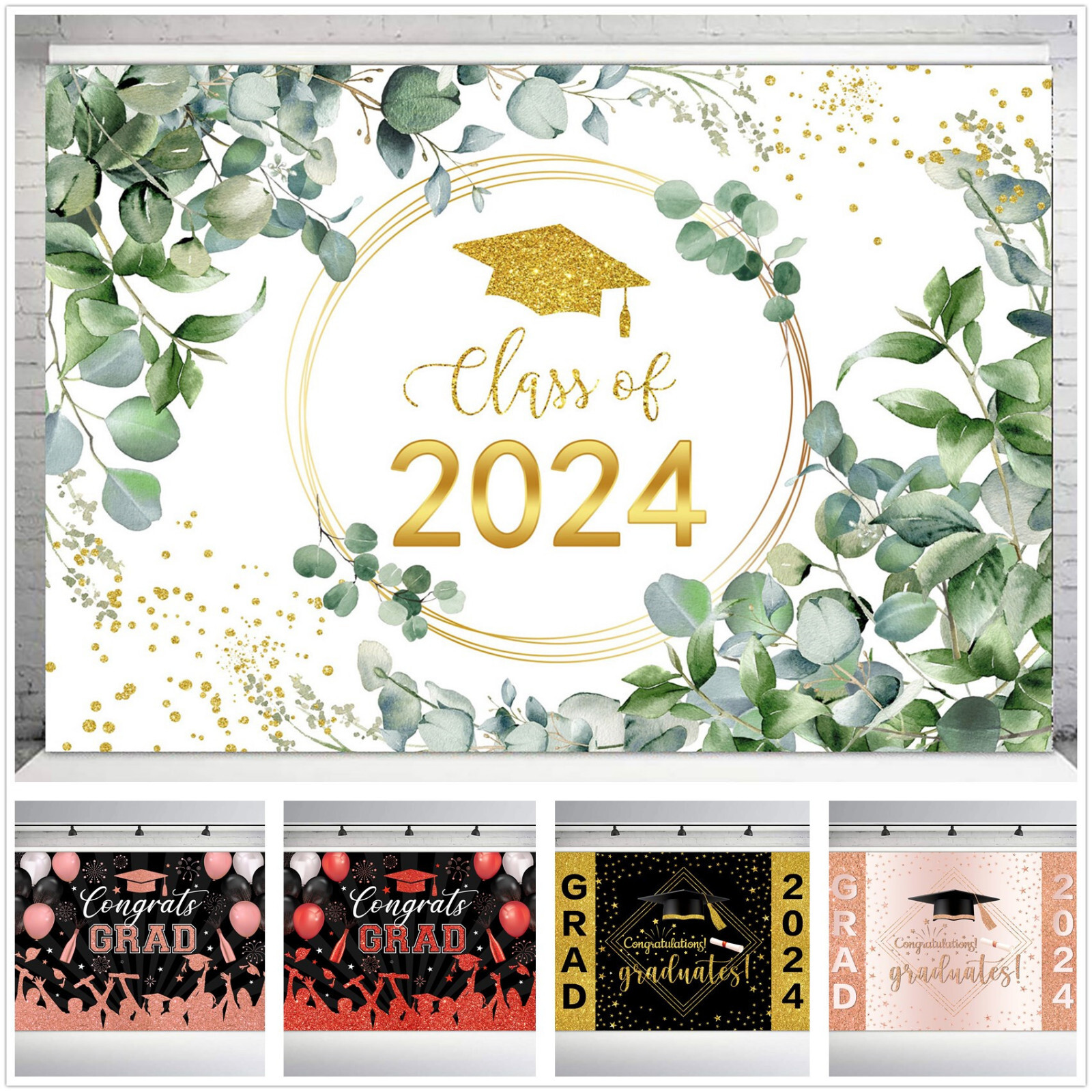 10x8ft Green Eucalyptus 2024 Graduation Party Vinyl Backdrop Photo Background