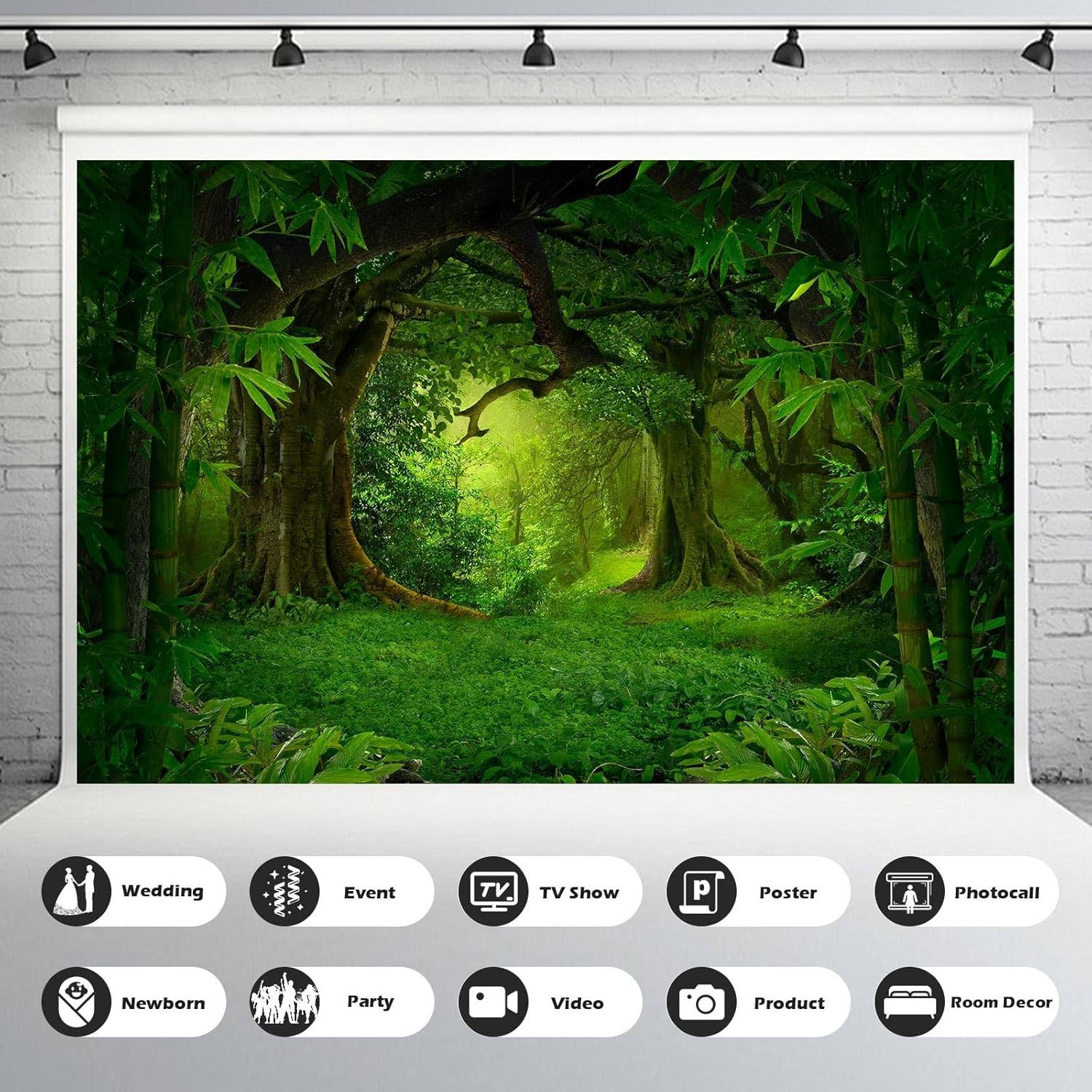 Jungle Forest Backdrop Rainforest Huge Trees Natural 7x5ft, Pure Green
