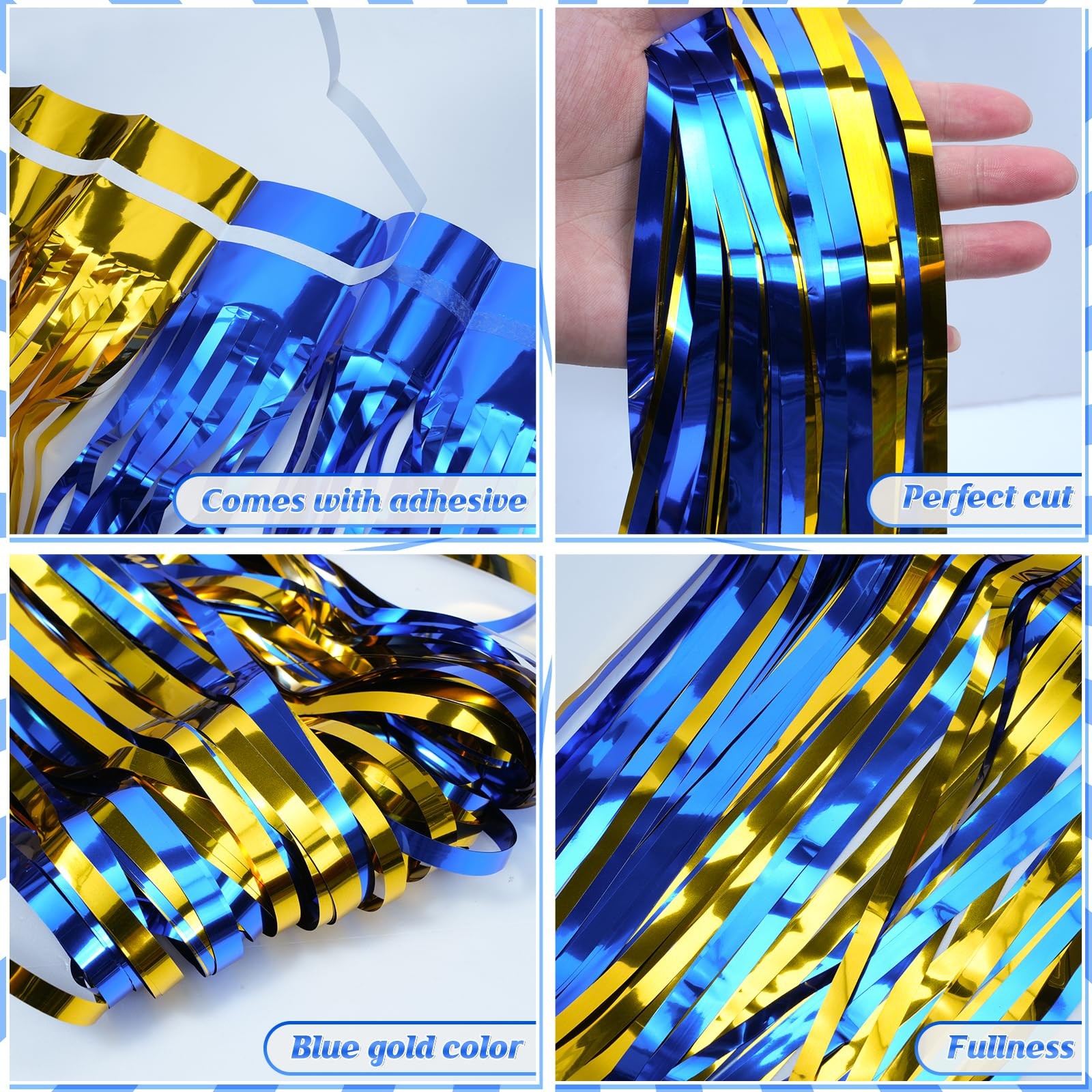 6 Pack 3.3Ft x 6.6Ft Graduation Foil Fringe Curtain 3.3X6.6Ft, Blue Gold
