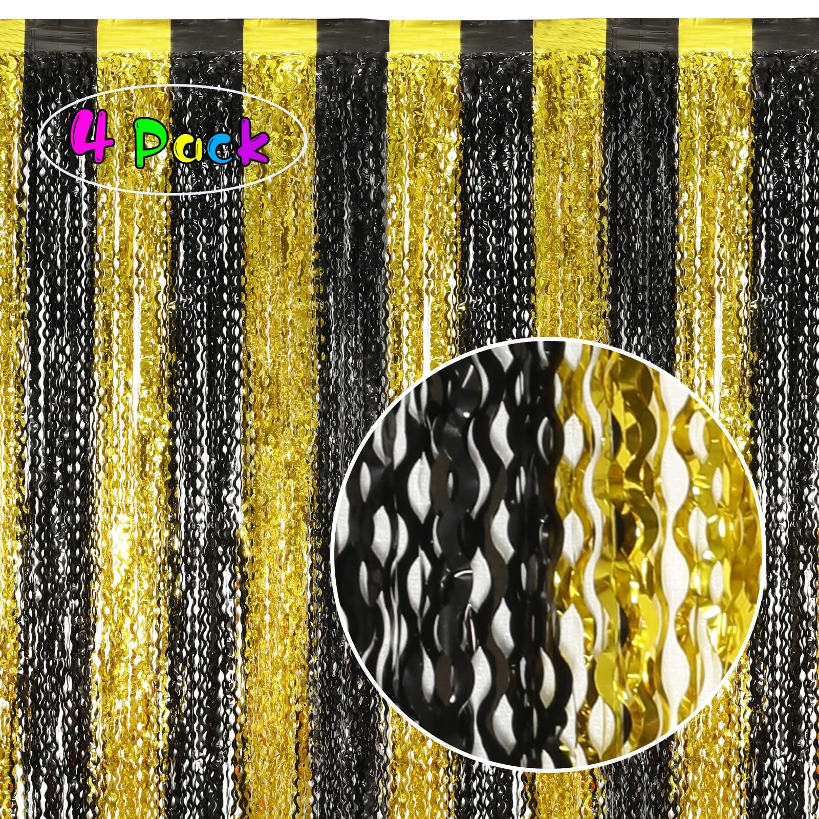 4 PCS Black Gold Wavy Foil Fringe Curtains Streamers 3.3×6.6 Ft Photo Backdrop