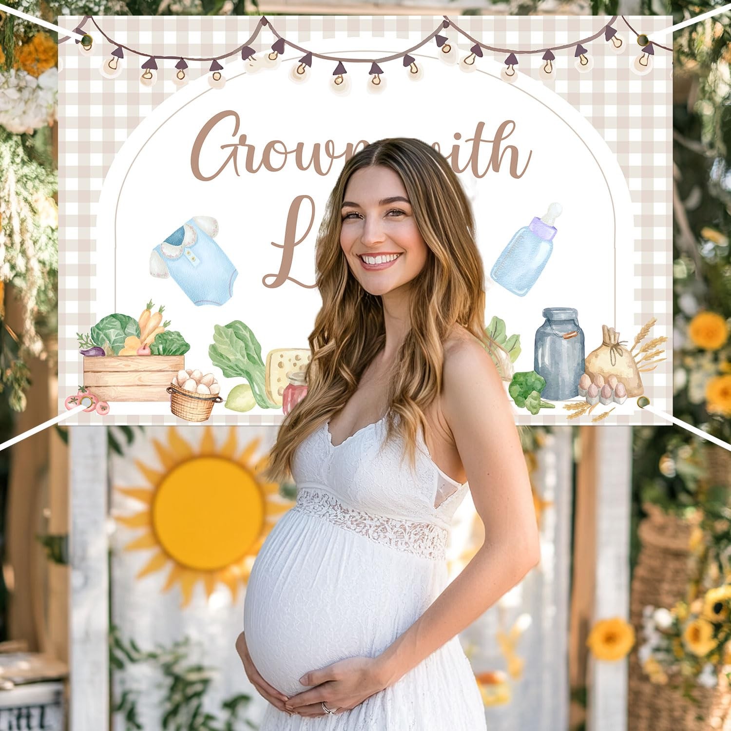 5x3ft Locally Grown Baby Shower Backdrop Fruit Vegetable Brown Plaid