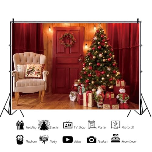 Red 10x8ft Christmas Backdrop—Indoor Xmas Trees—Gifts—Red