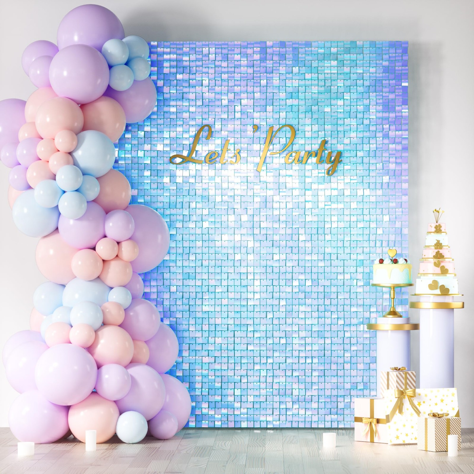 Iridescent Blue Shimmer Wall Backdrop, 24PCS Square Sequin Shimmer Backdrop P…
