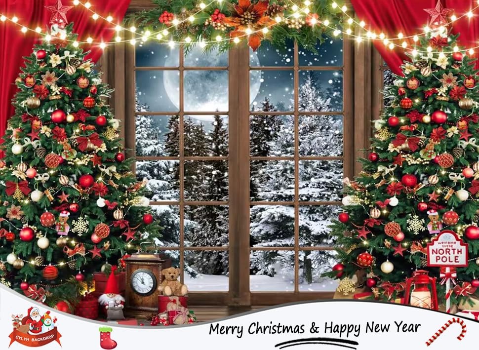 CYLYH 7x5ft Christmas Backdrop – Xmas Window Photography 7x5ft, red