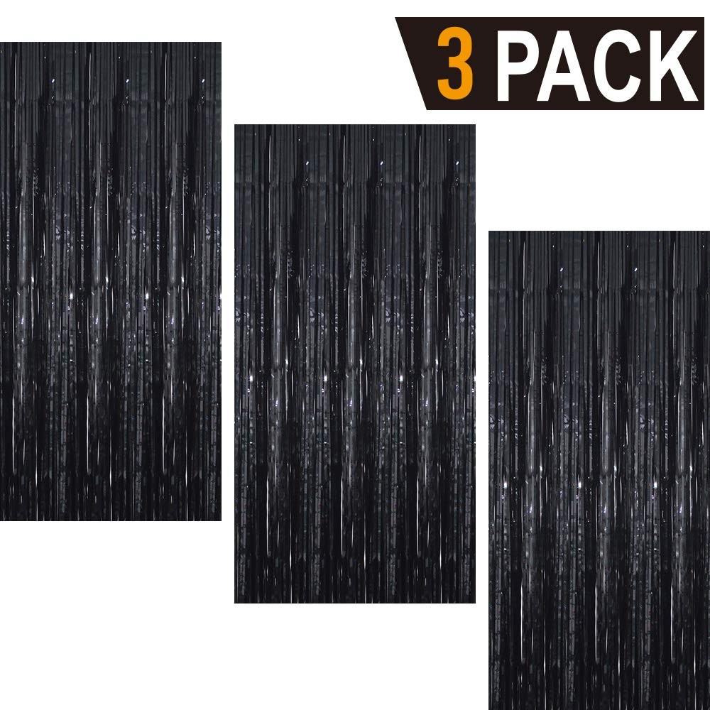 3 PCS 3.2×9.8 FT Metallic Tinsel Foil Fringe Curtains Black Party Backdrop
