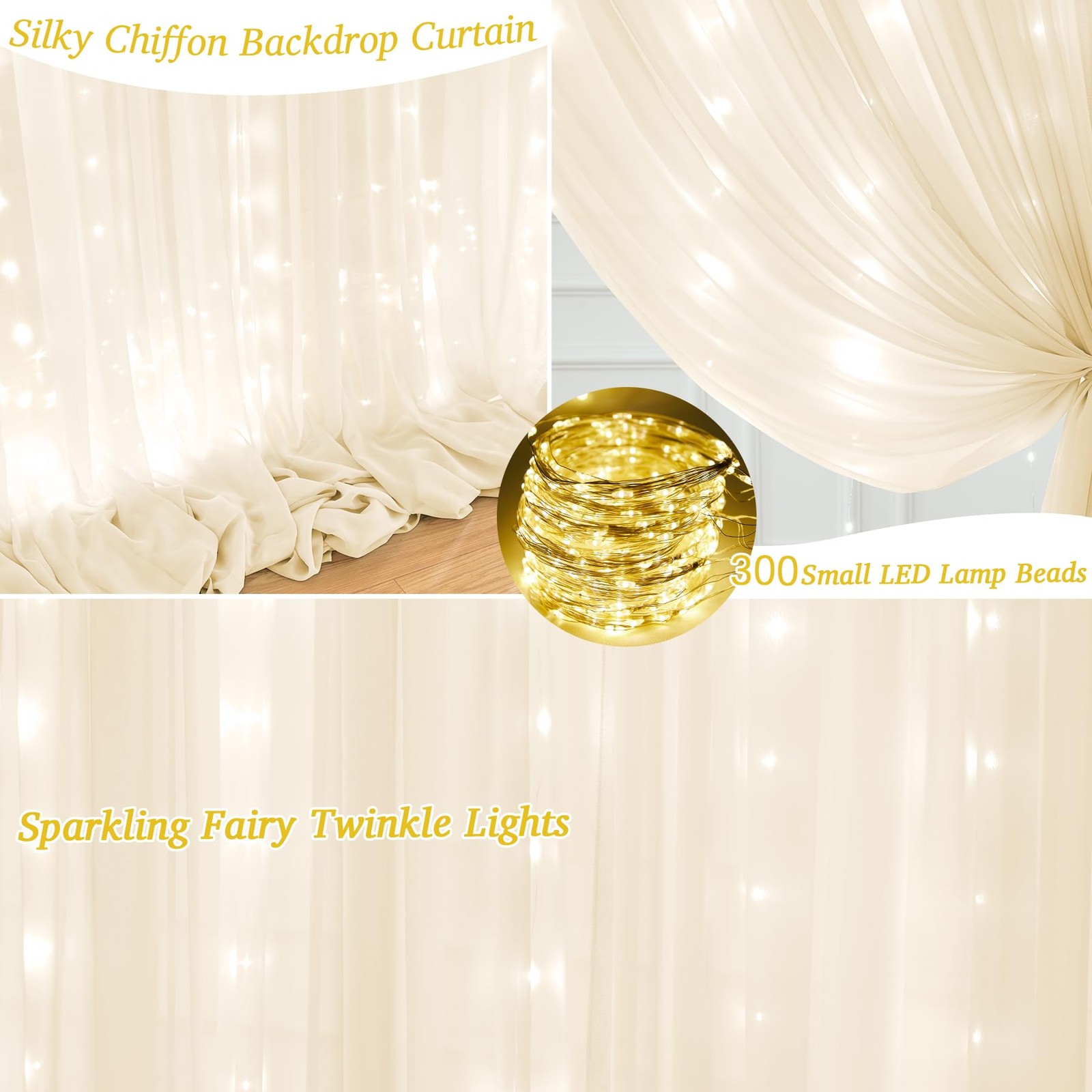 10ft x 10ft Ivory Chiffon Backdrop Curtain with Lights String for Parties2 Pa…