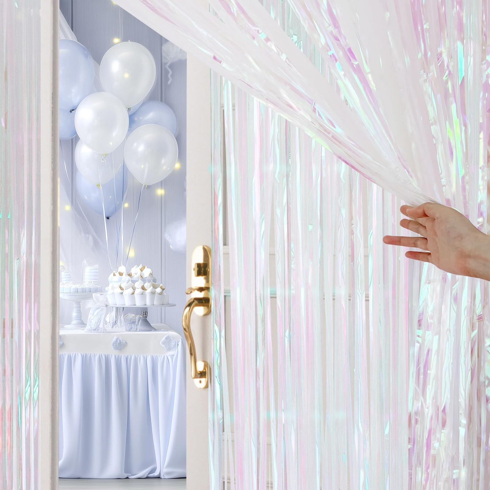 2 Pack White Iridescent Streamers Backdrop, 3.3×6.6ft Foil 2 Pack,