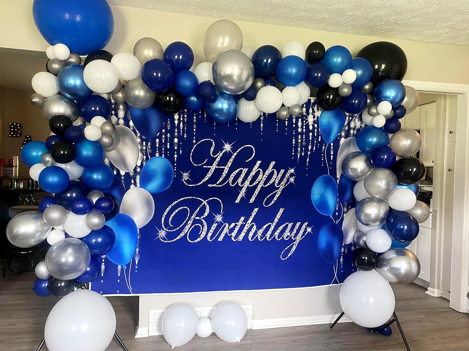 Blue and Silver Happy Birthday Backdrop Banner Sign Photo Background Party Decor