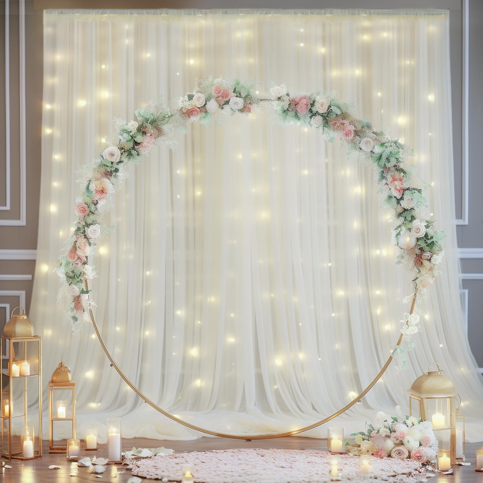 10ft Cream White Tulle Backdrop Curtain Lights Wedding Party Decor Set