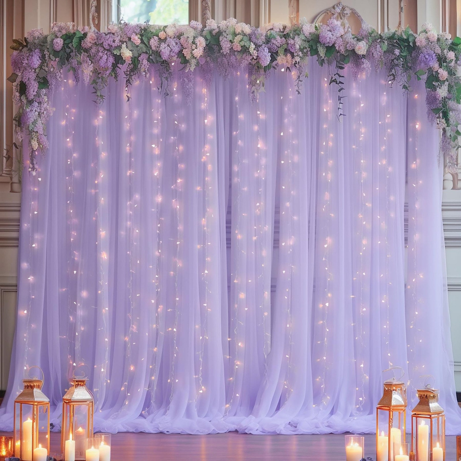 10ft x 8ft Purple Backdrop Curtain with Lights String for Parties, Sheer Tull…