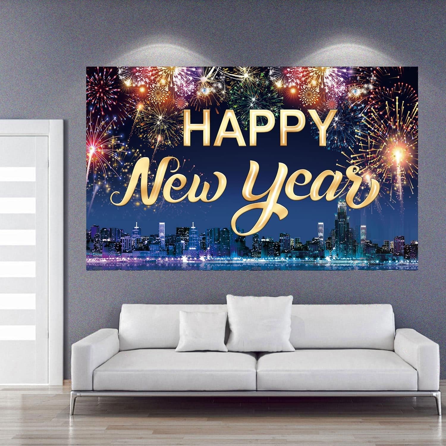Famoby Happy New Year Fabric Sign Poster Banner Backdrop with Fireworks Large