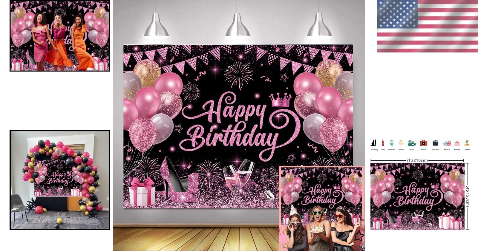 7X5Ft Pink and Black Happy Birthday Backdrop Women Birthday Party Photography