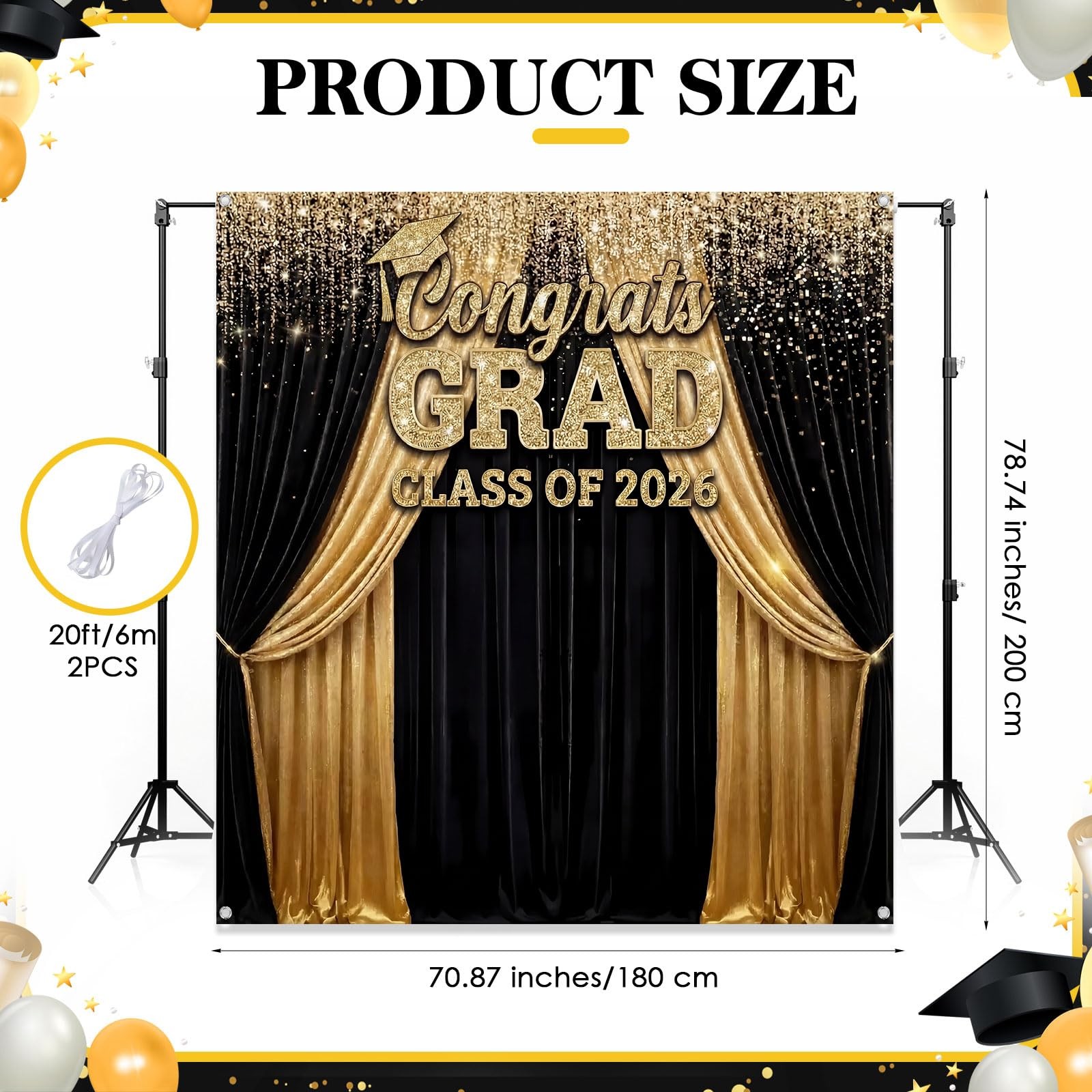 Large Class of 2026 Graduation Backdrop 5.9 x 6.6 ft Black Gold Congrats Grad…