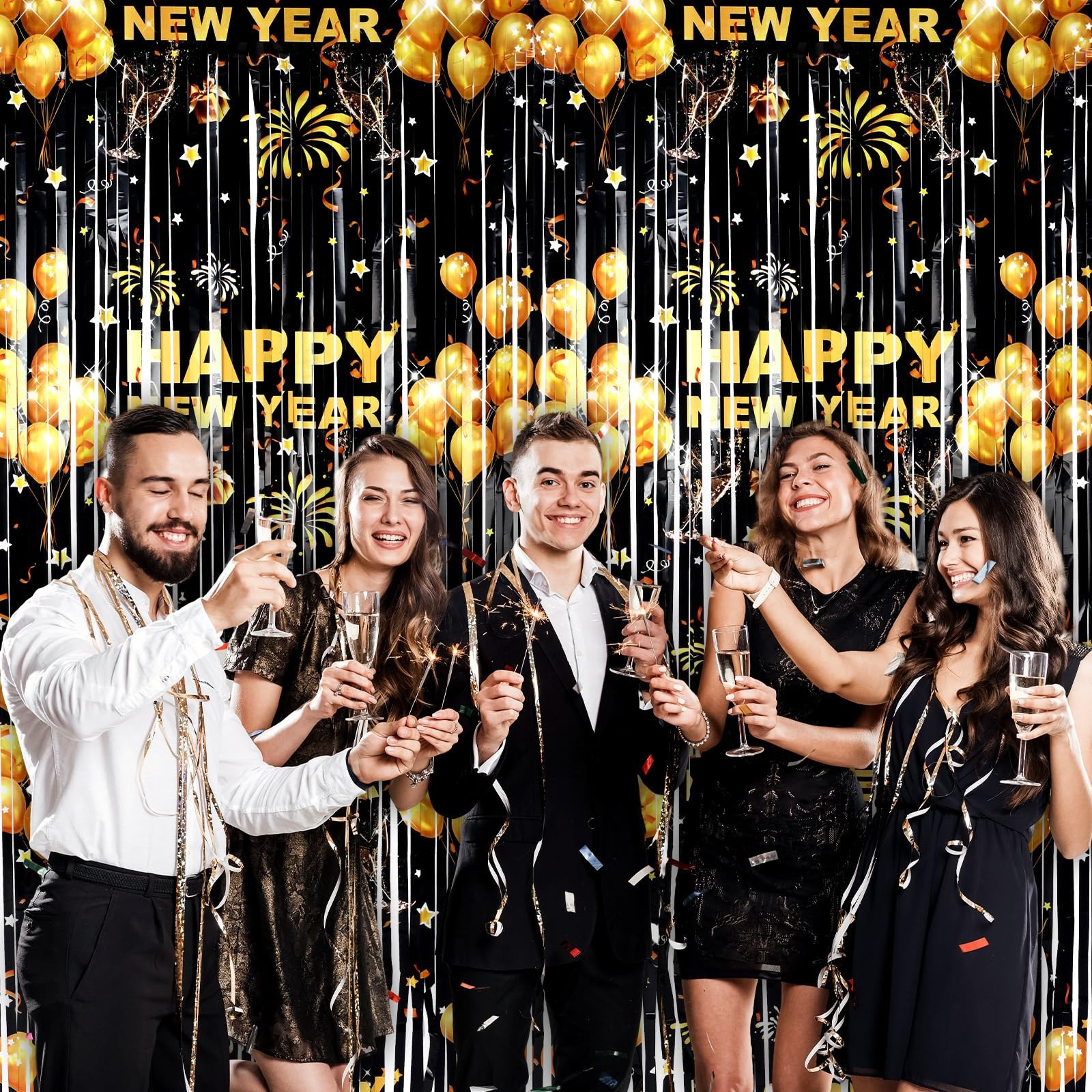 2 Pack Happy New Year Decorations 2026 Black Gold Foil Curtains 3.3×6.6 Ft